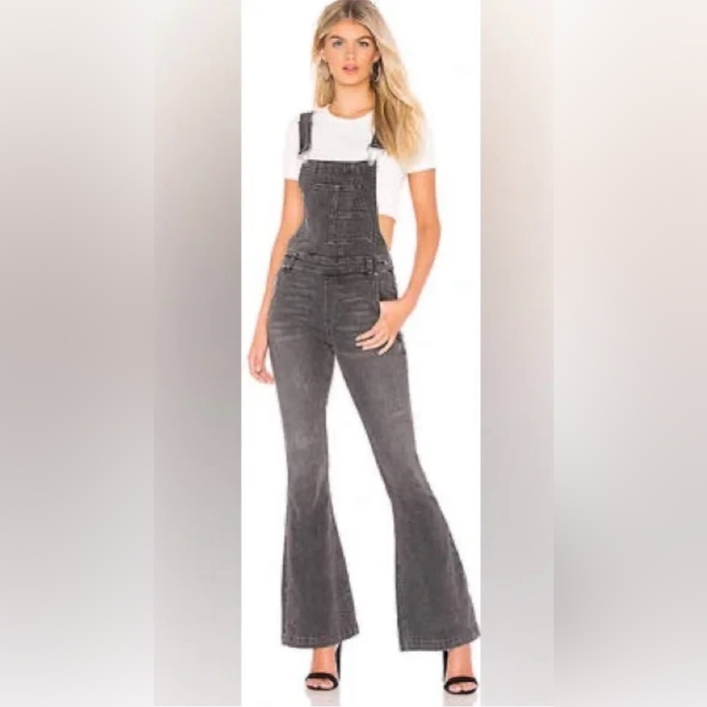 Free People We The Free Gray Denim Overalls Flare Bell Bottom Jumpsuit Size 29